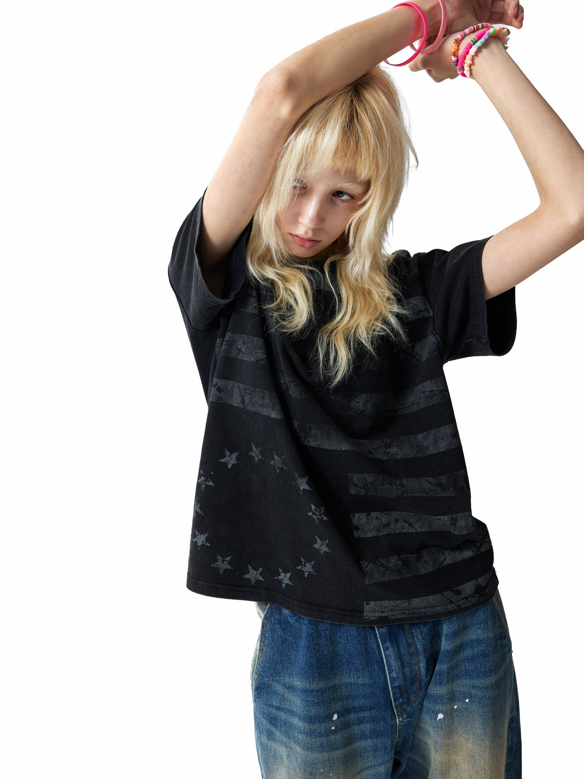NUMBASIA Distressed Flag Print Washed T-Shirt — studio model view 4