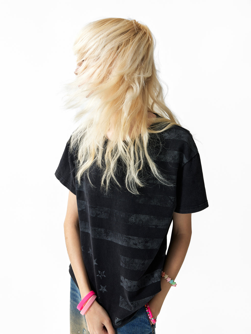 NUMBASIA Distressed Flag Print Washed T-Shirt — studio model view 5