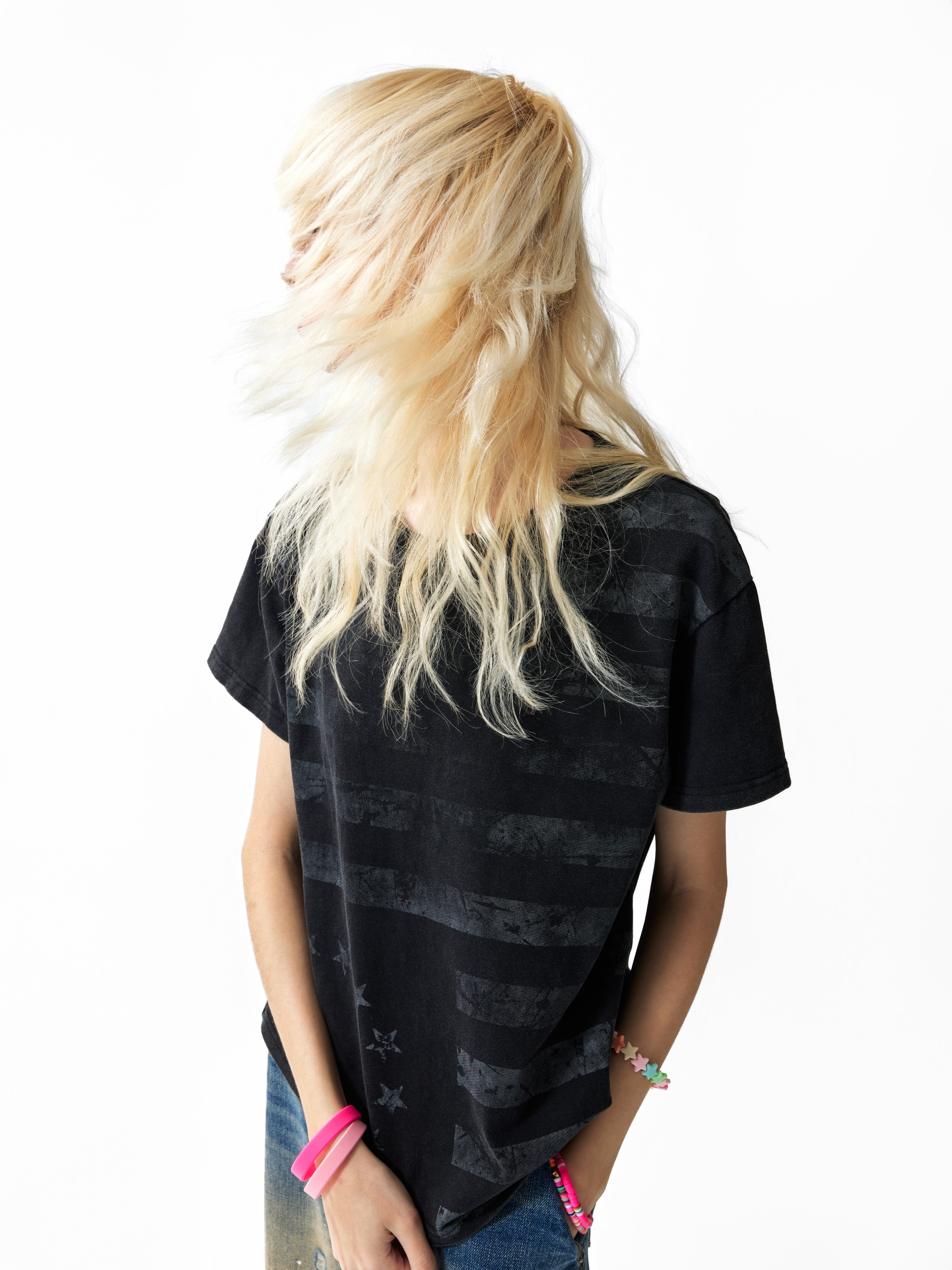 NUMBASIA Distressed Flag Print Washed T-Shirt — studio model view 5