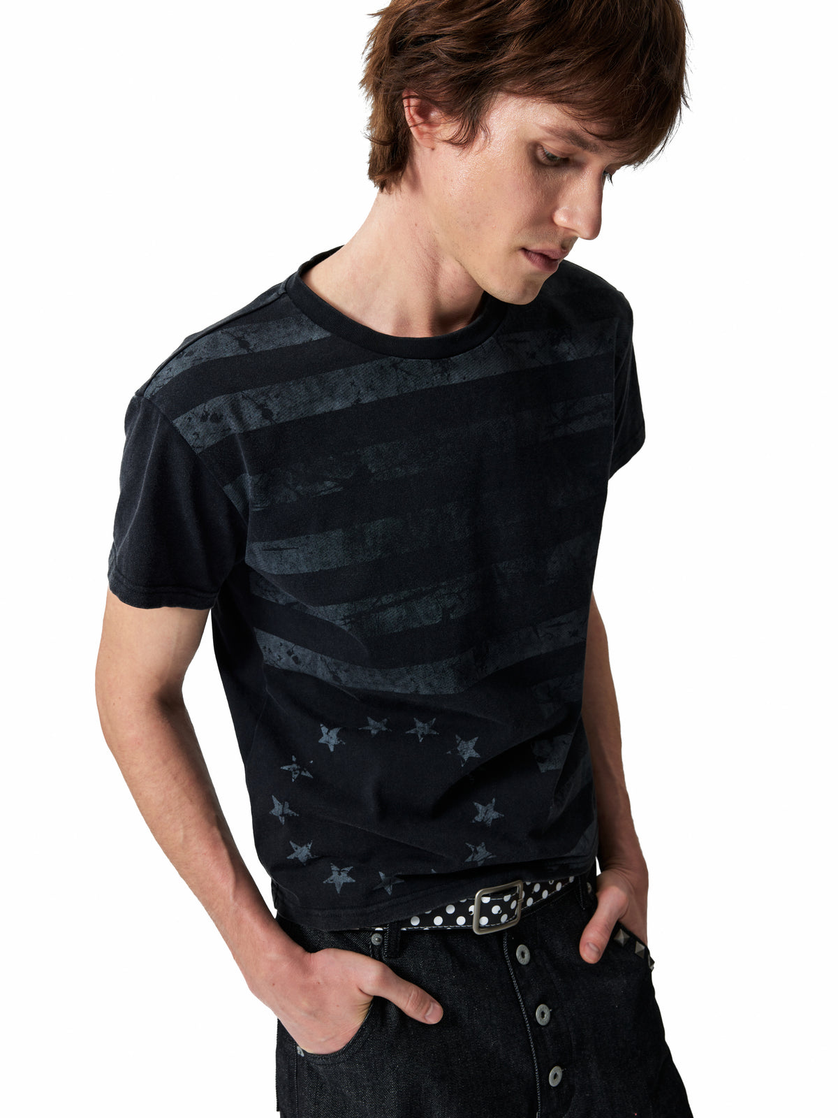 NUMBASIA Distressed Flag Print Washed T-Shirt — studio model view 2