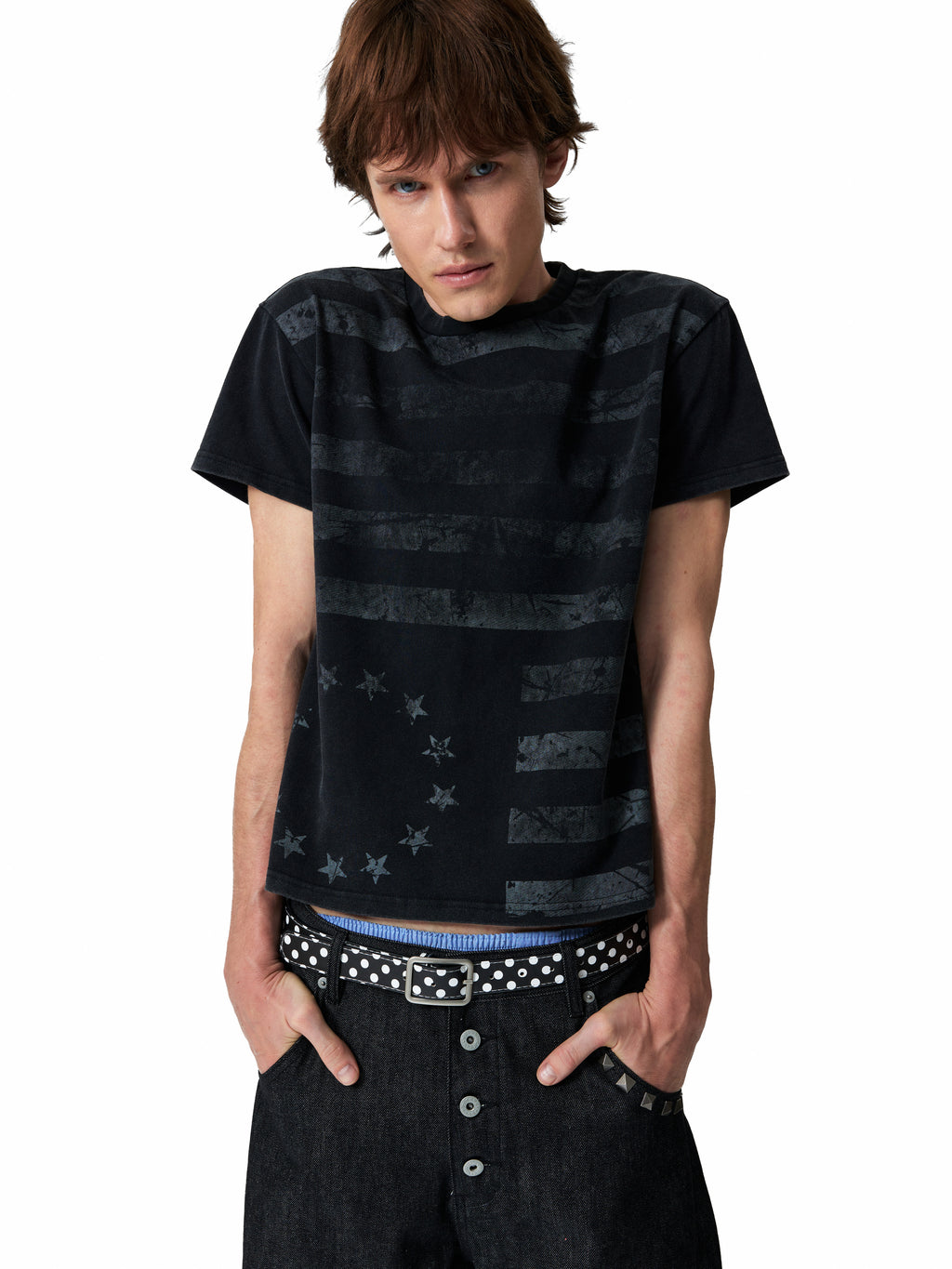 NUMBASIA Distressed Flag Print Washed T-Shirt — studio model view 1