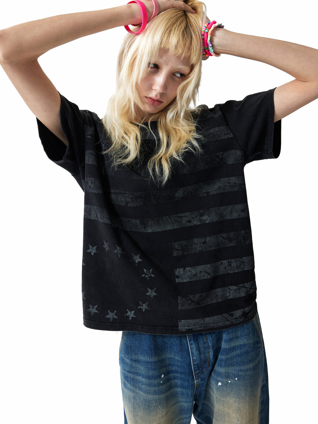 NUMBASIA Distressed Flag Print Washed T-Shirt — studio model view 3