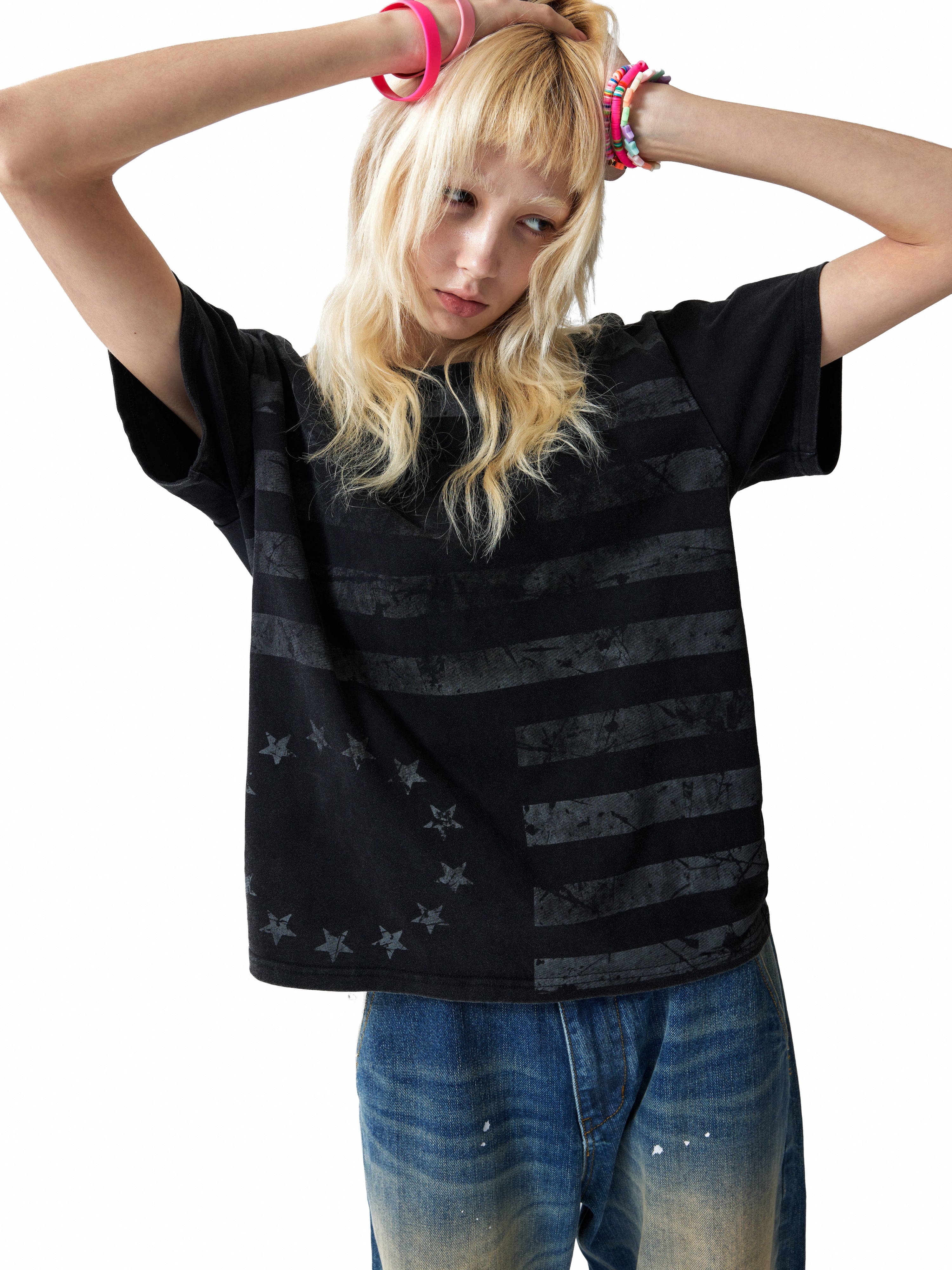 NUMBASIA Distressed Flag Print Washed T-Shirt — studio model view 3