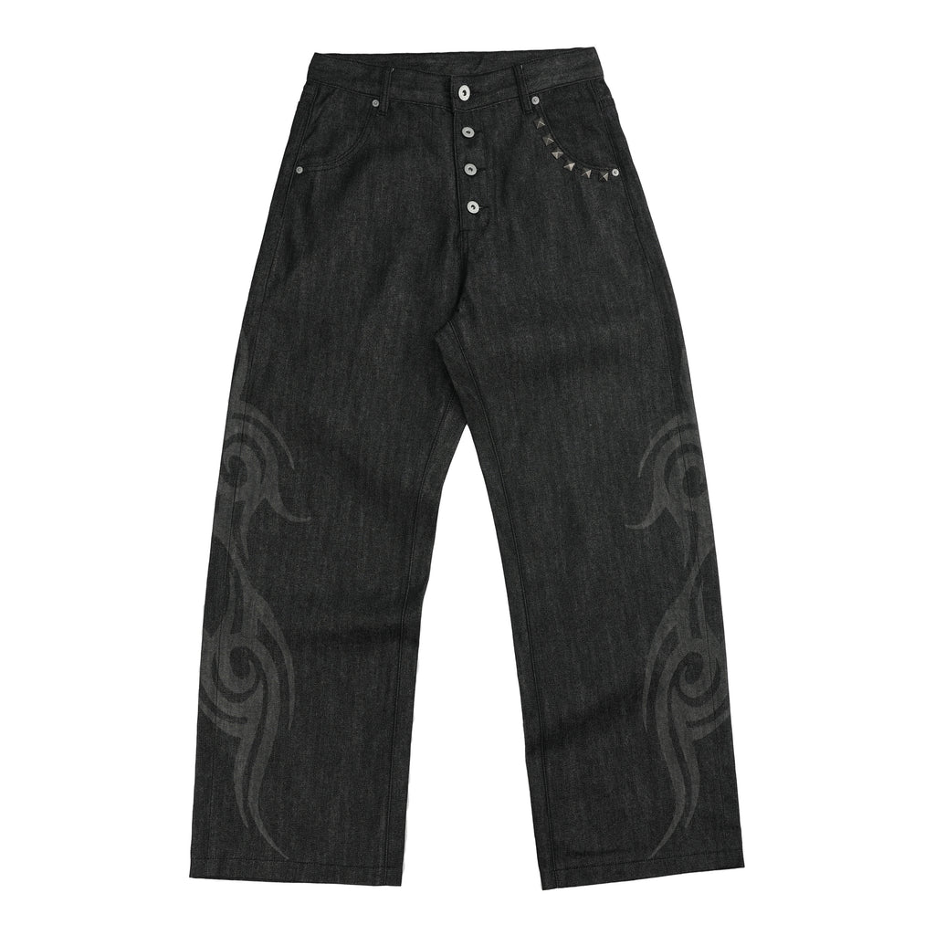 NUMBASIA Burnout Motif Studded 13oz Baggy Raw Denim Jeans — NA6016A front
