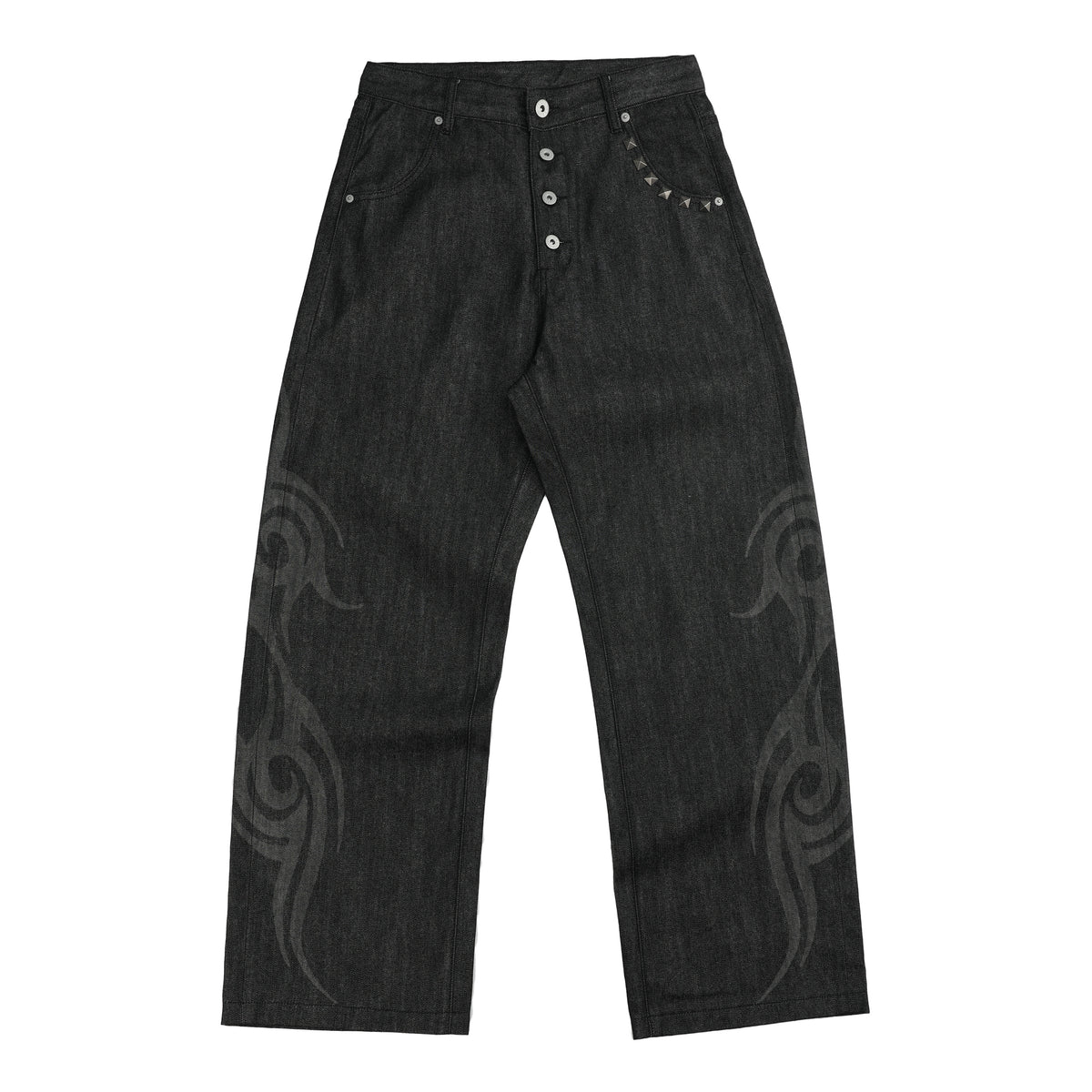 NUMBASIA Burnout Motif Studded 13oz Baggy Raw Denim Jeans — NA6016A front