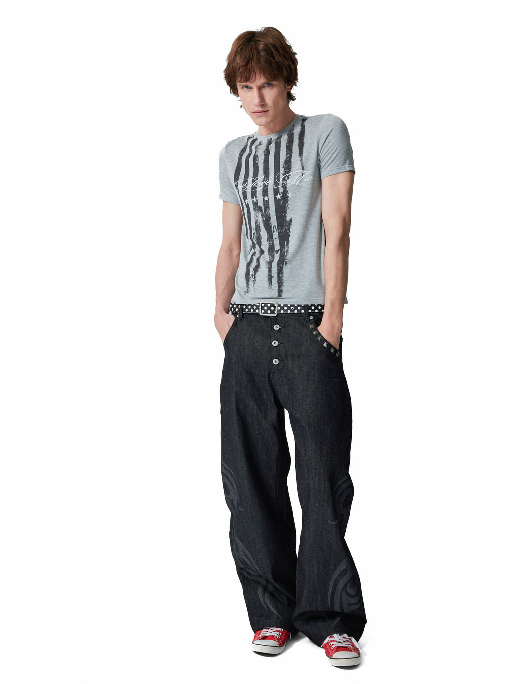 NUMBASIA Burnout Motif Studded 13oz Baggy Raw Denim Jeans — studio model view 1