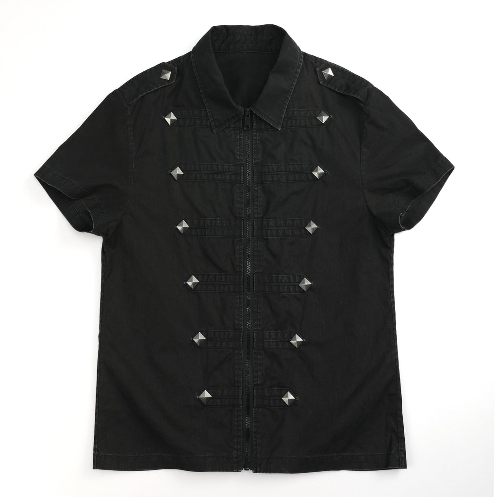 NUMBASIA Studded Epaulette Zip-Front Short Sleeve Shirt — NA6018A front