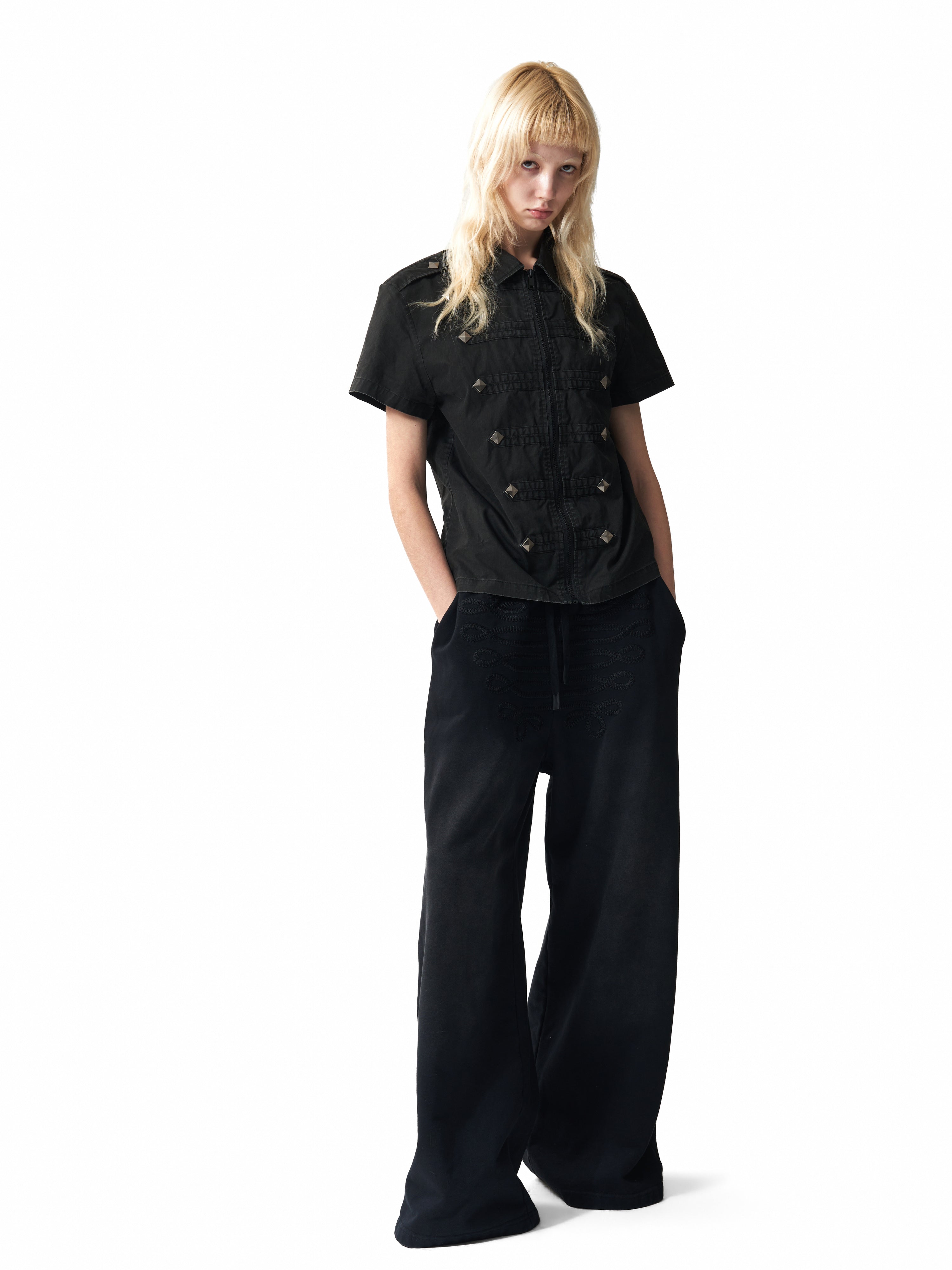 NUMBASIA Studded Epaulette Zip-Front Short Sleeve Shirt — studio model view 3