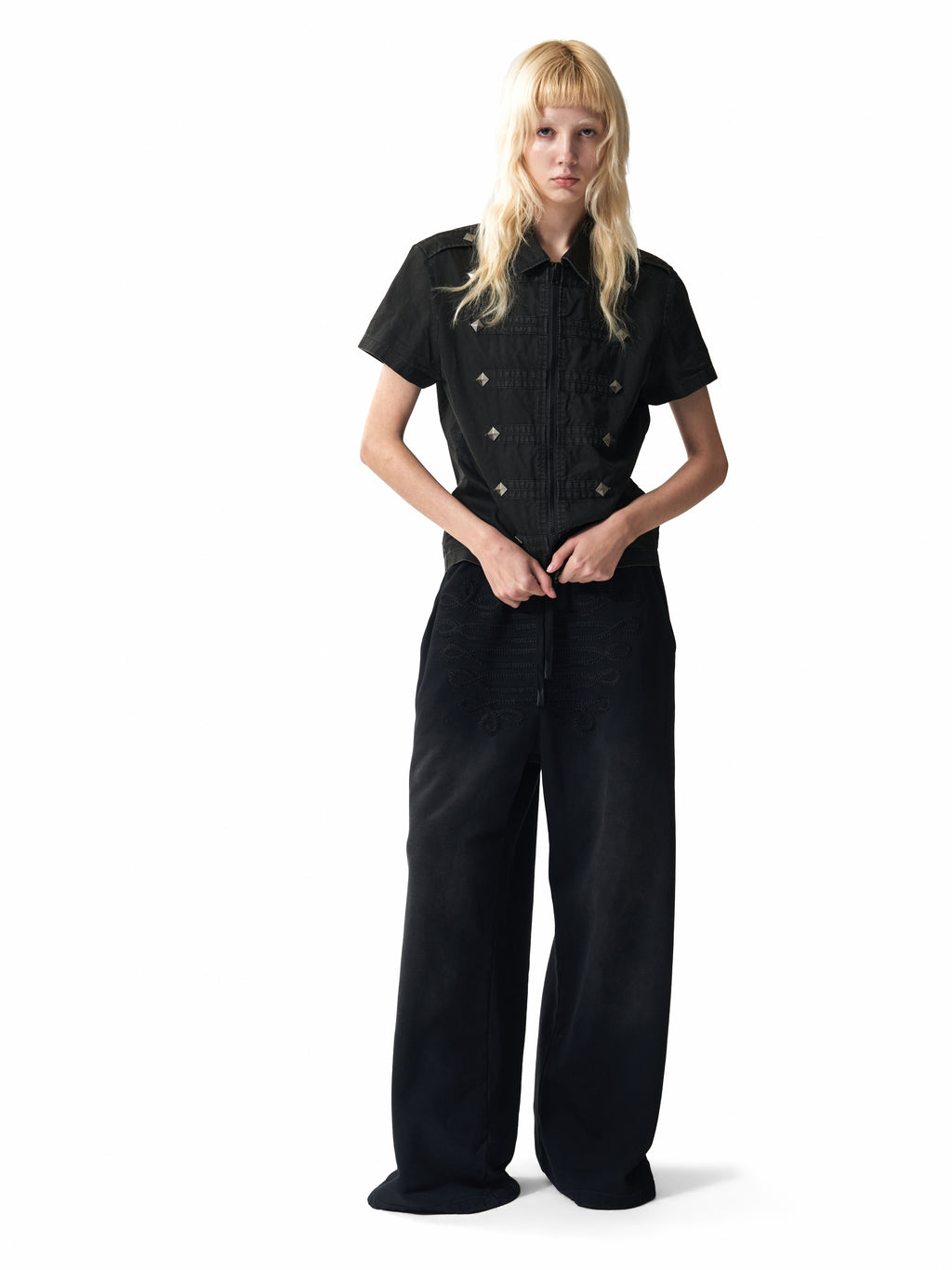 NUMBASIA Studded Epaulette Zip-Front Short Sleeve Shirt — studio model view 4