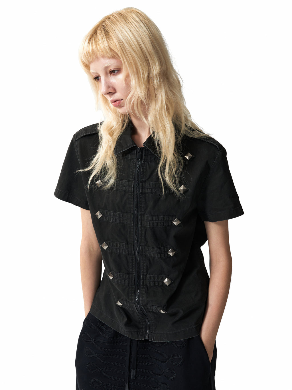 NUMBASIA Studded Epaulette Zip-Front Short Sleeve Shirt — studio model view 5