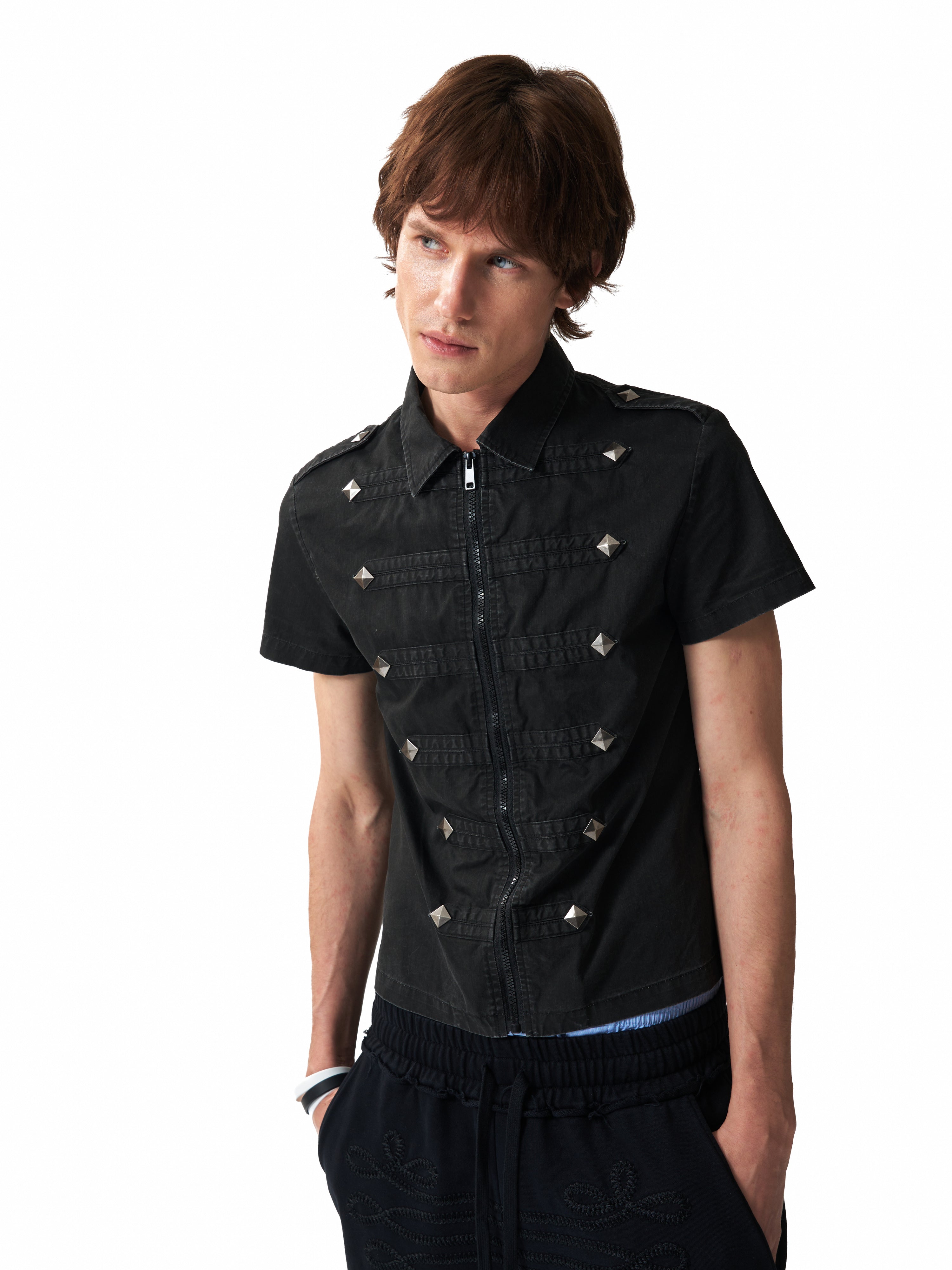 NUMBASIA Studded Epaulette Zip-Front Short Sleeve Shirt — studio model view 1