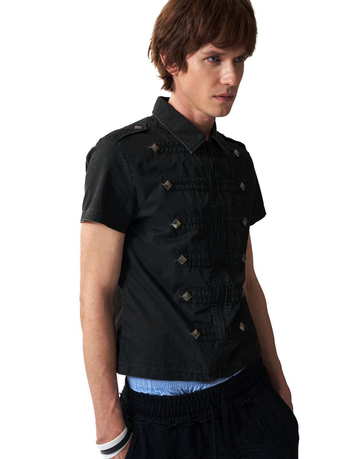 NUMBASIA Studded Epaulette Zip-Front Short Sleeve Shirt — studio model view 2