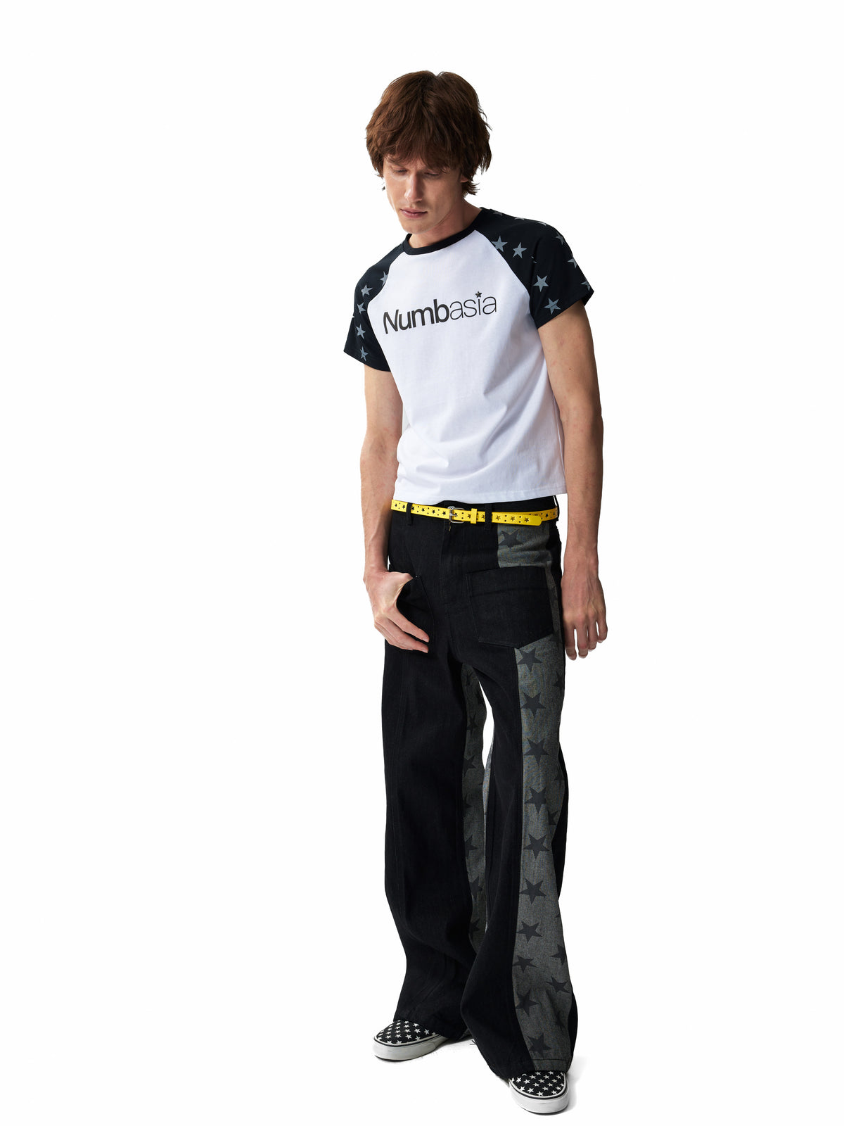 NUMBASIA Star Raglan Rhinestone Logo T-Shirt — studio model view 1