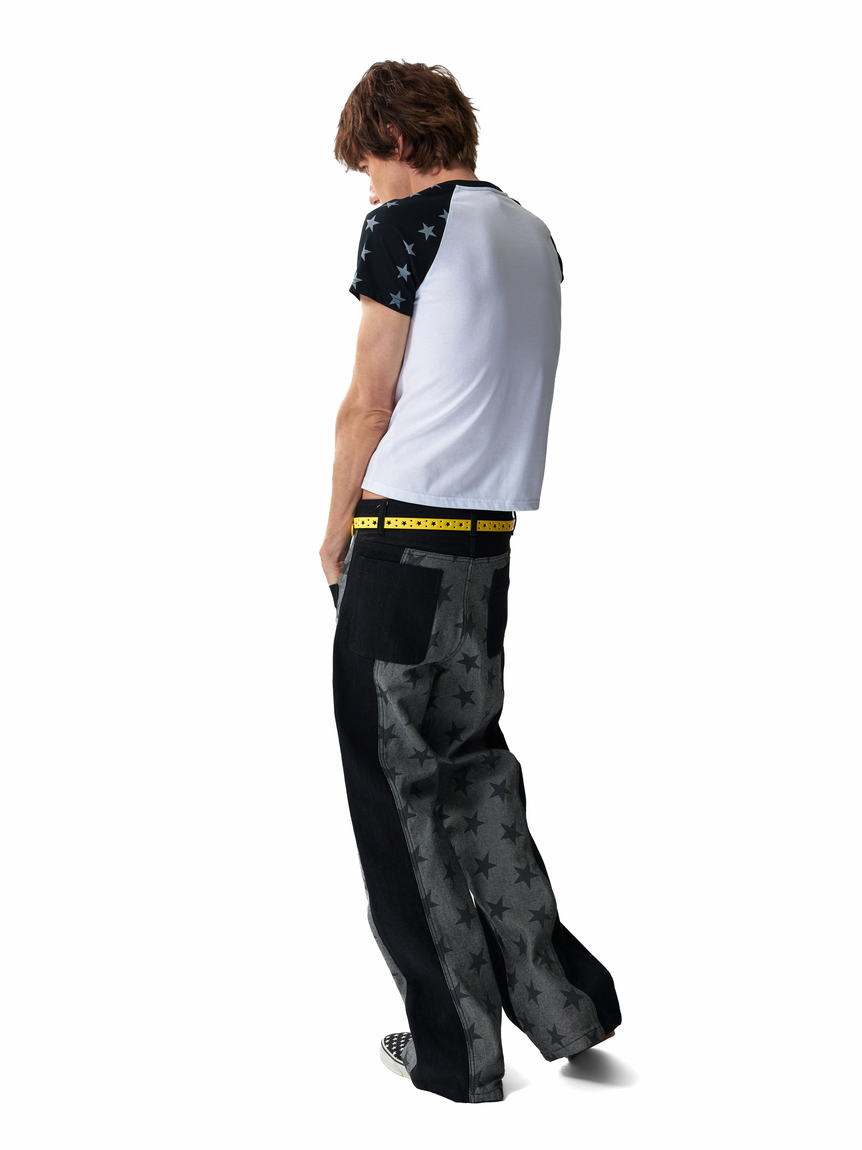 NUMBASIA Star Panel 13oz Straight-Leg Raw Denim Jeans — studio model view 3