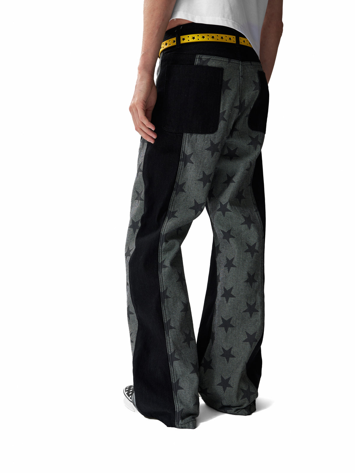 NUMBASIA Star Panel 13oz Straight-Leg Raw Denim Jeans — studio model view 5