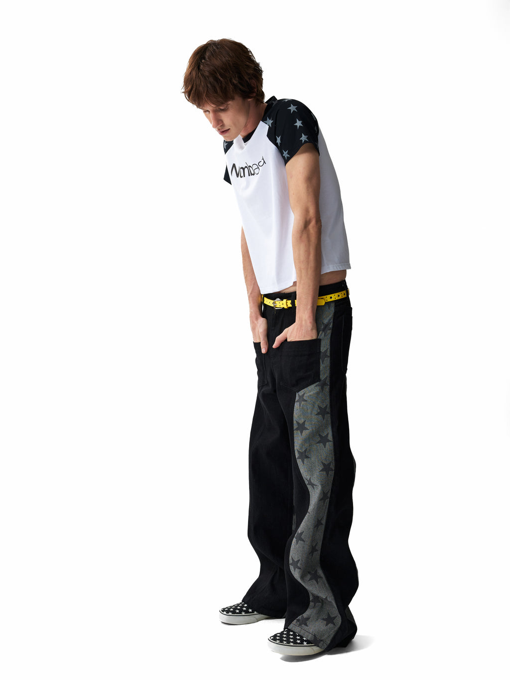 NUMBASIA Star Panel 13oz Straight-Leg Raw Denim Jeans — studio model view 1
