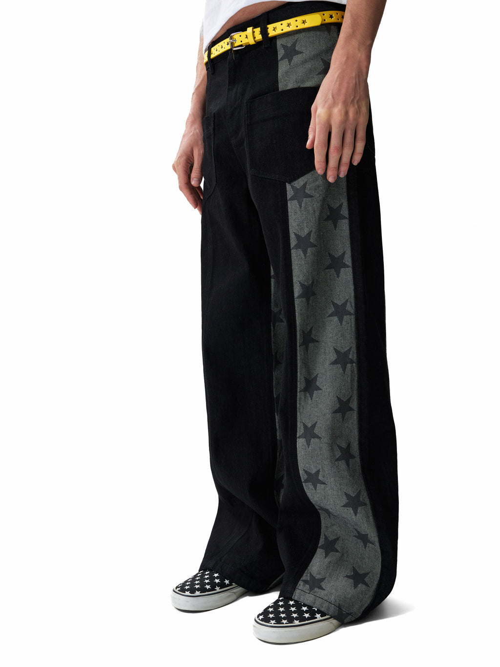 NUMBASIA Star Panel 13oz Straight-Leg Raw Denim Jeans — studio model view 4
