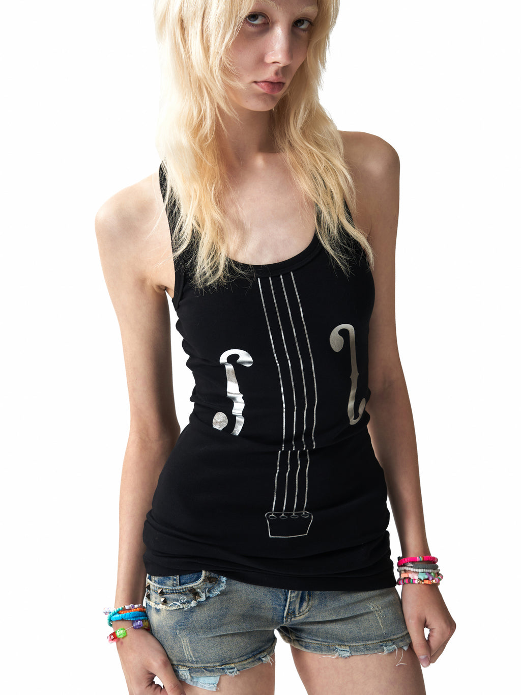 NUMBASIA Metallic Violin Print Fitted Tank Top — studio model view 4