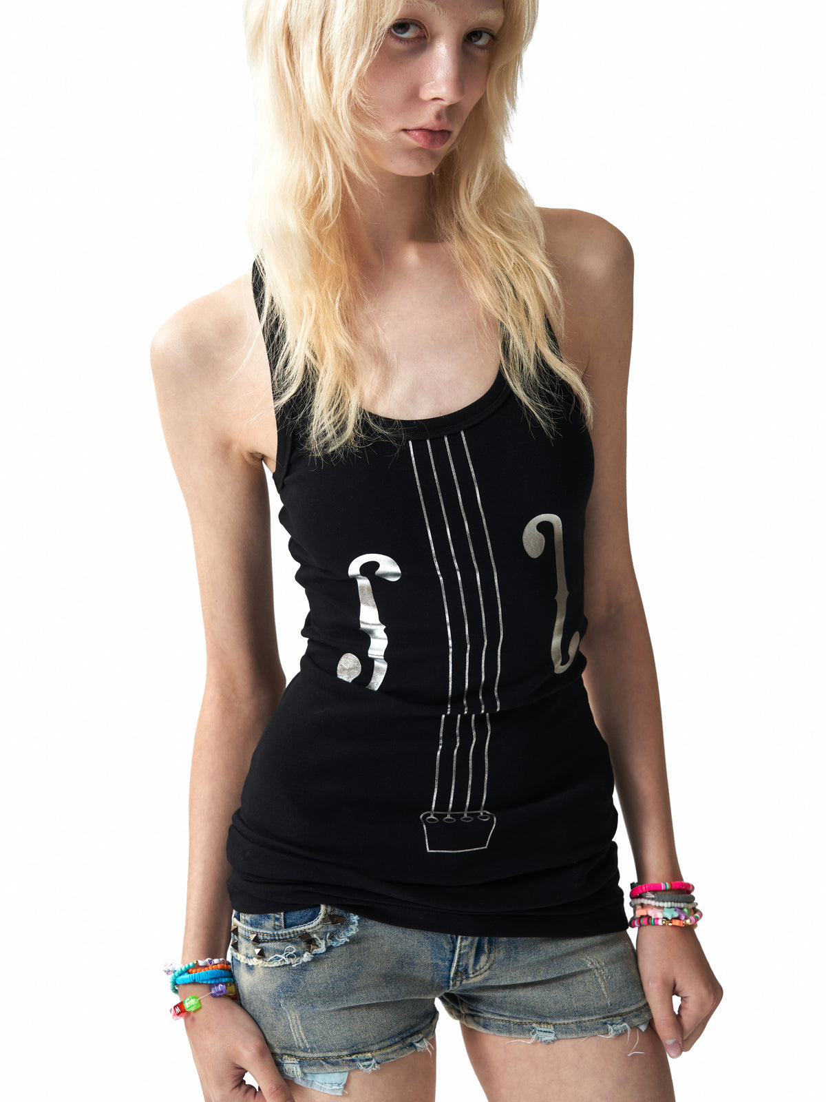 NUMBASIA Metallic Violin Print Fitted Tank Top — studio model view 4