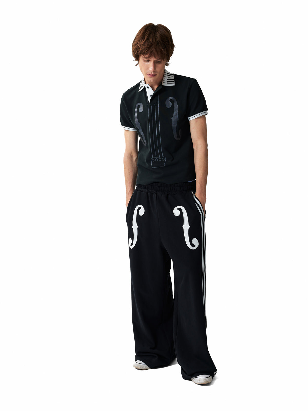 NUMBASIA Violin Applique Striped Wide-Leg Sweatpants — studio model view 2