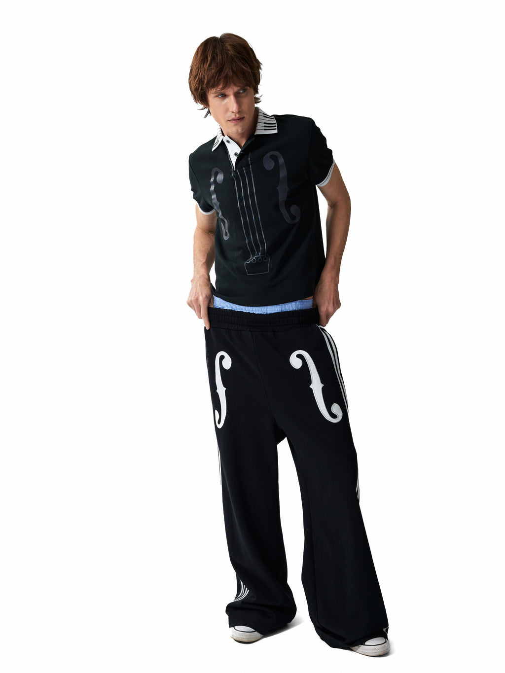NUMBASIA Violin Applique Striped Wide-Leg Sweatpants — studio model view 3