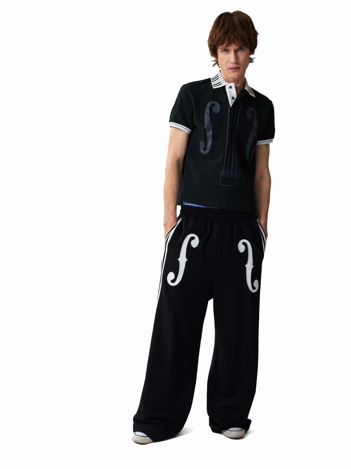 NUMBASIA Violin Applique Striped Wide-Leg Sweatpants — studio model view 1