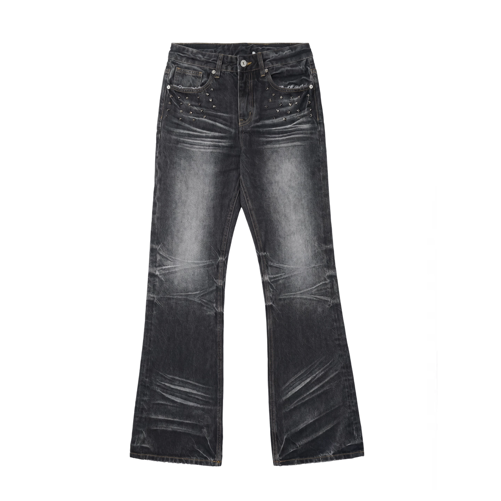 NUMBASIA Spike-Studded Washed Flared Jeans — NA6033C front