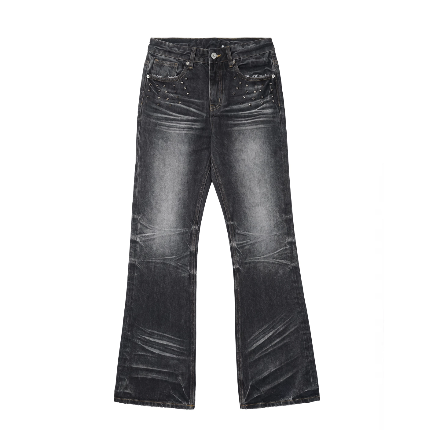 NUMBASIA Spike-Studded Washed Flared Jeans — NA6033C front