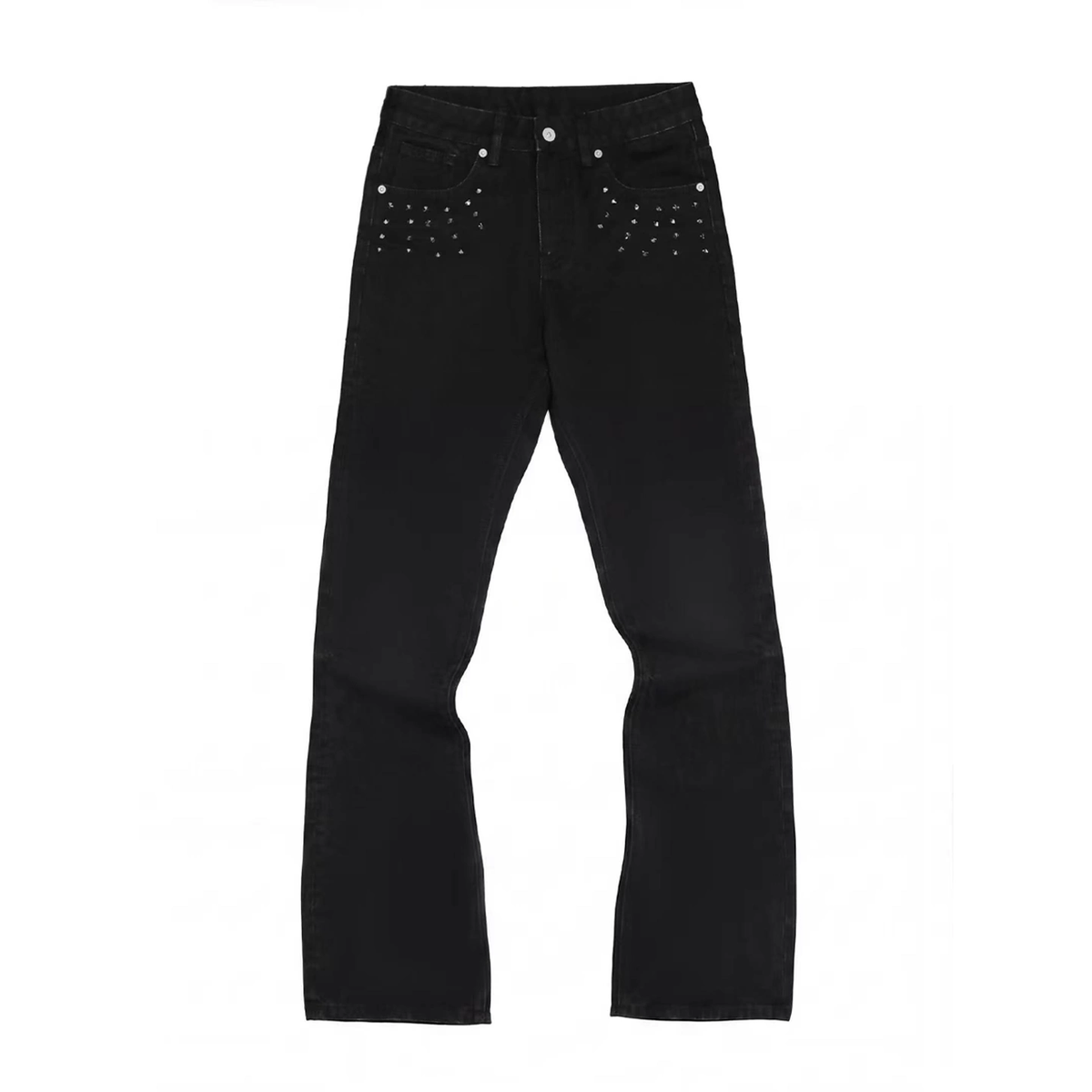 NUMBASIA Spike-Studded Washed Flared Jeans — NA6033B front