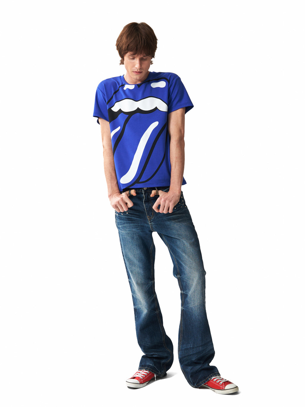 NUMBASIA Spike-Studded Washed Flared Jeans — studio model view 1