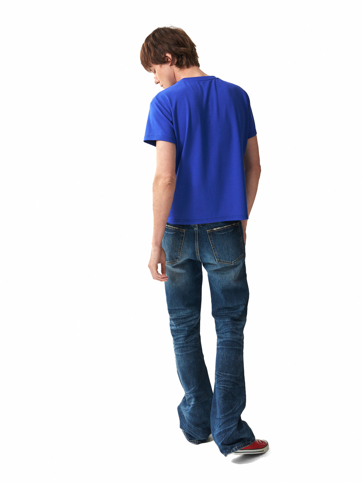 NUMBASIA Spike-Studded Washed Flared Jeans — studio model view 3