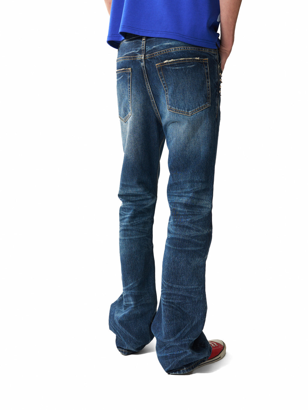 NUMBASIA Spike-Studded Washed Flared Jeans — studio model view 5