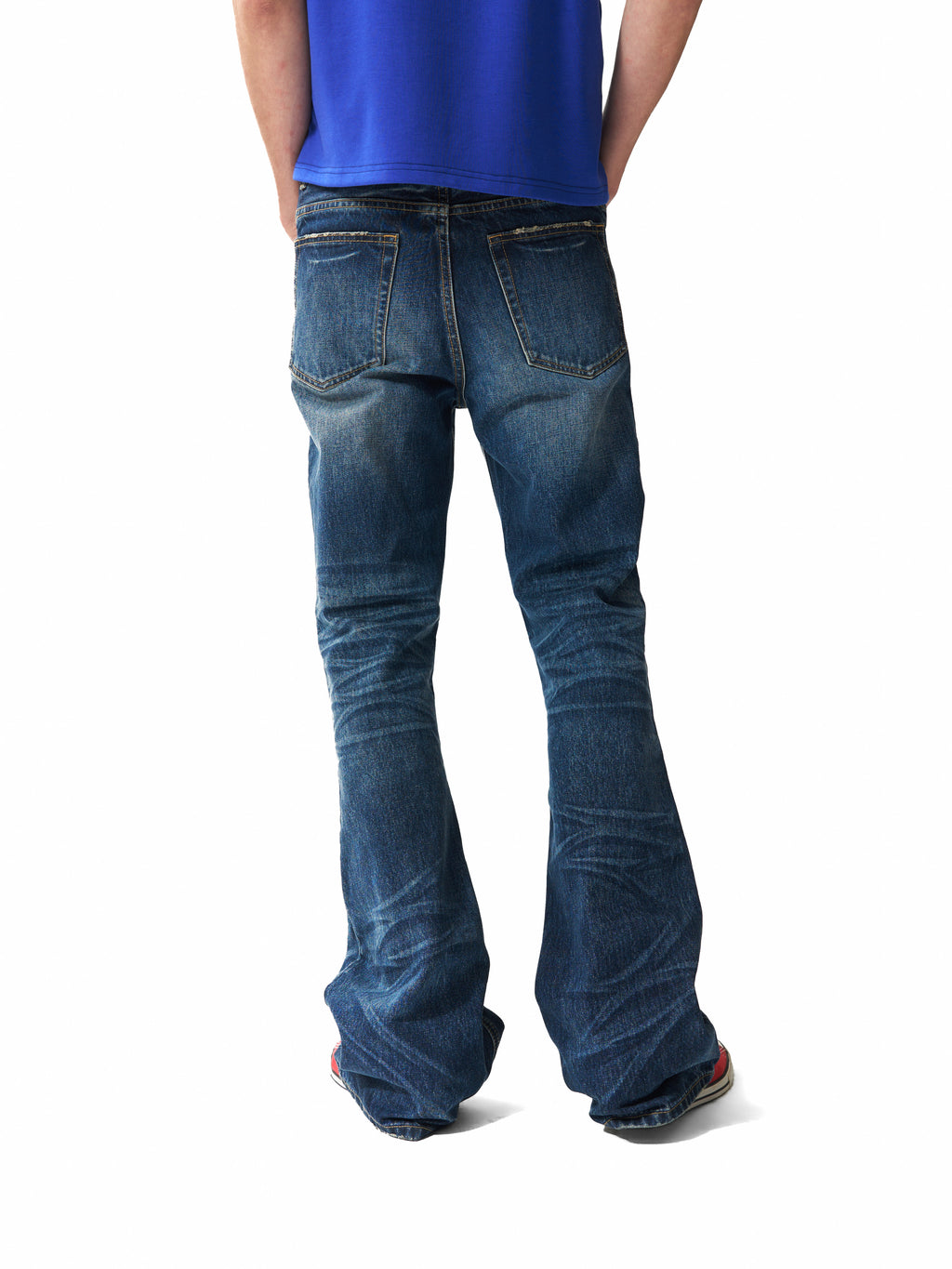 NUMBASIA Spike-Studded Washed Flared Jeans — studio model view 4