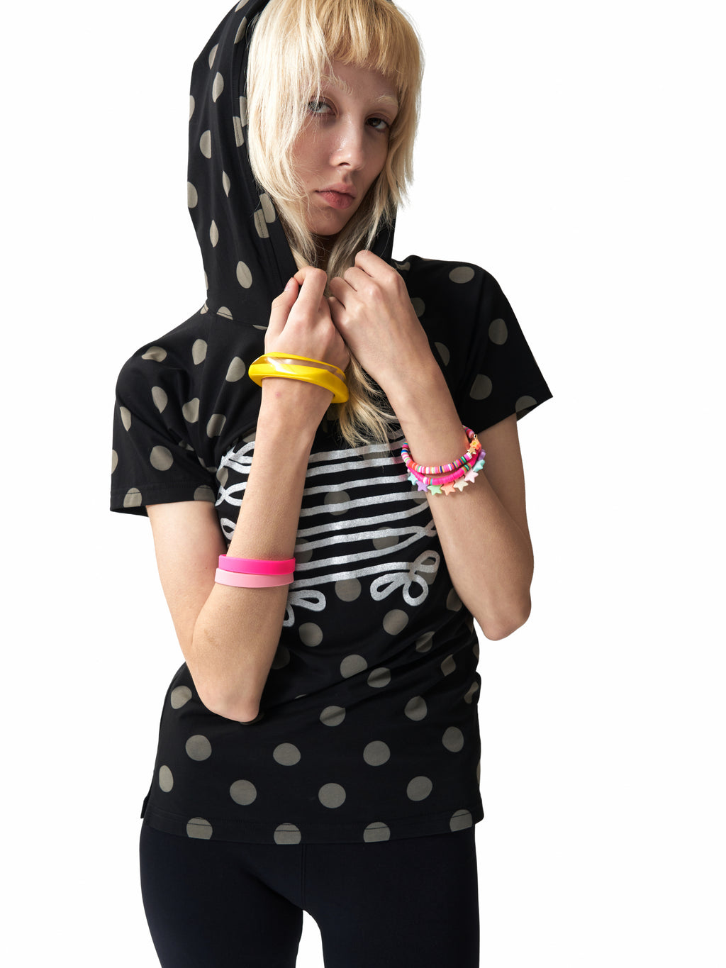 NUMBASIA Metallic Baroque Polka Dot Hooded Henley T-Shirt — studio model view 4