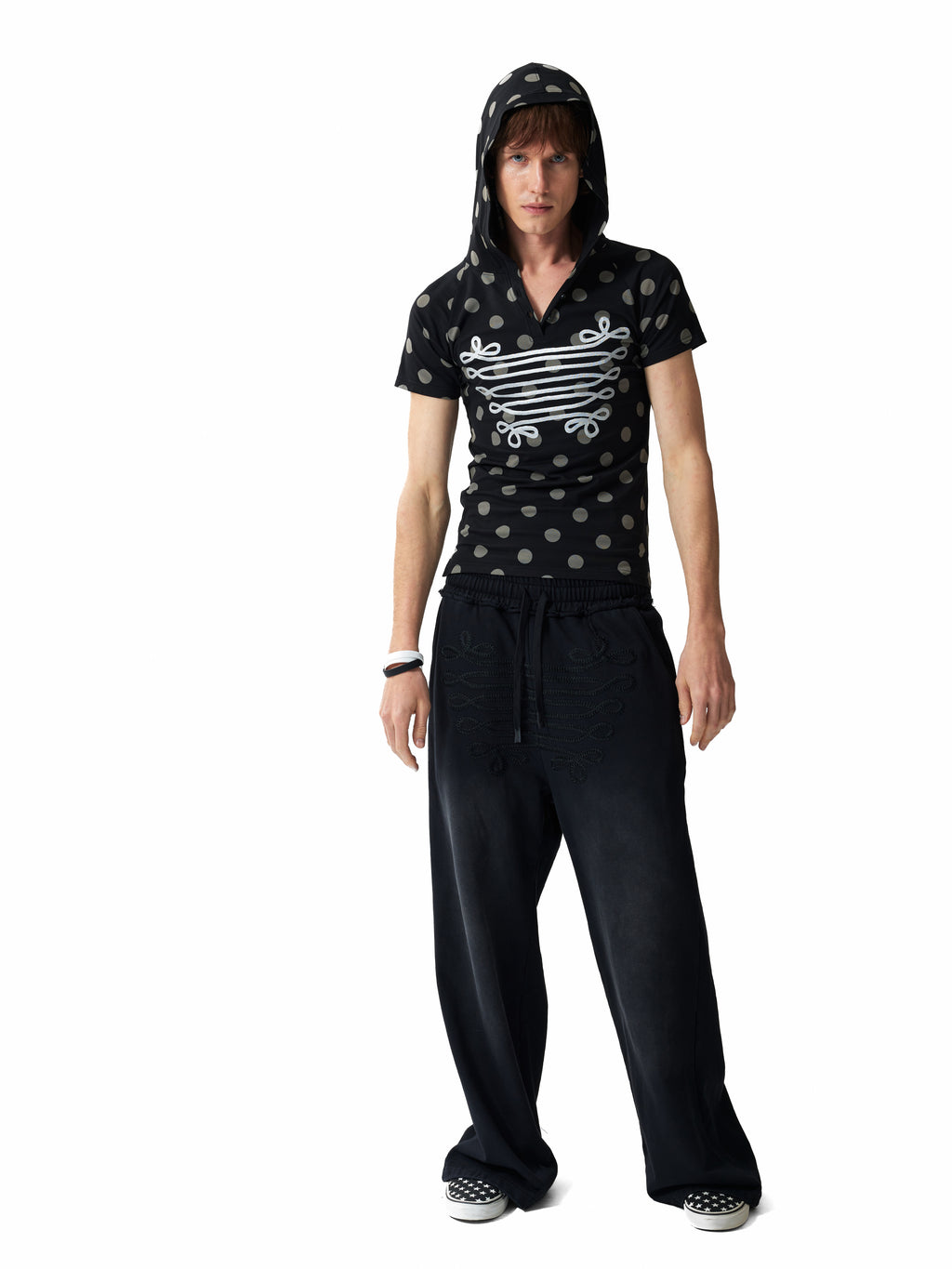 NUMBASIA Metallic Baroque Polka Dot Hooded Henley T-Shirt — studio model view 5