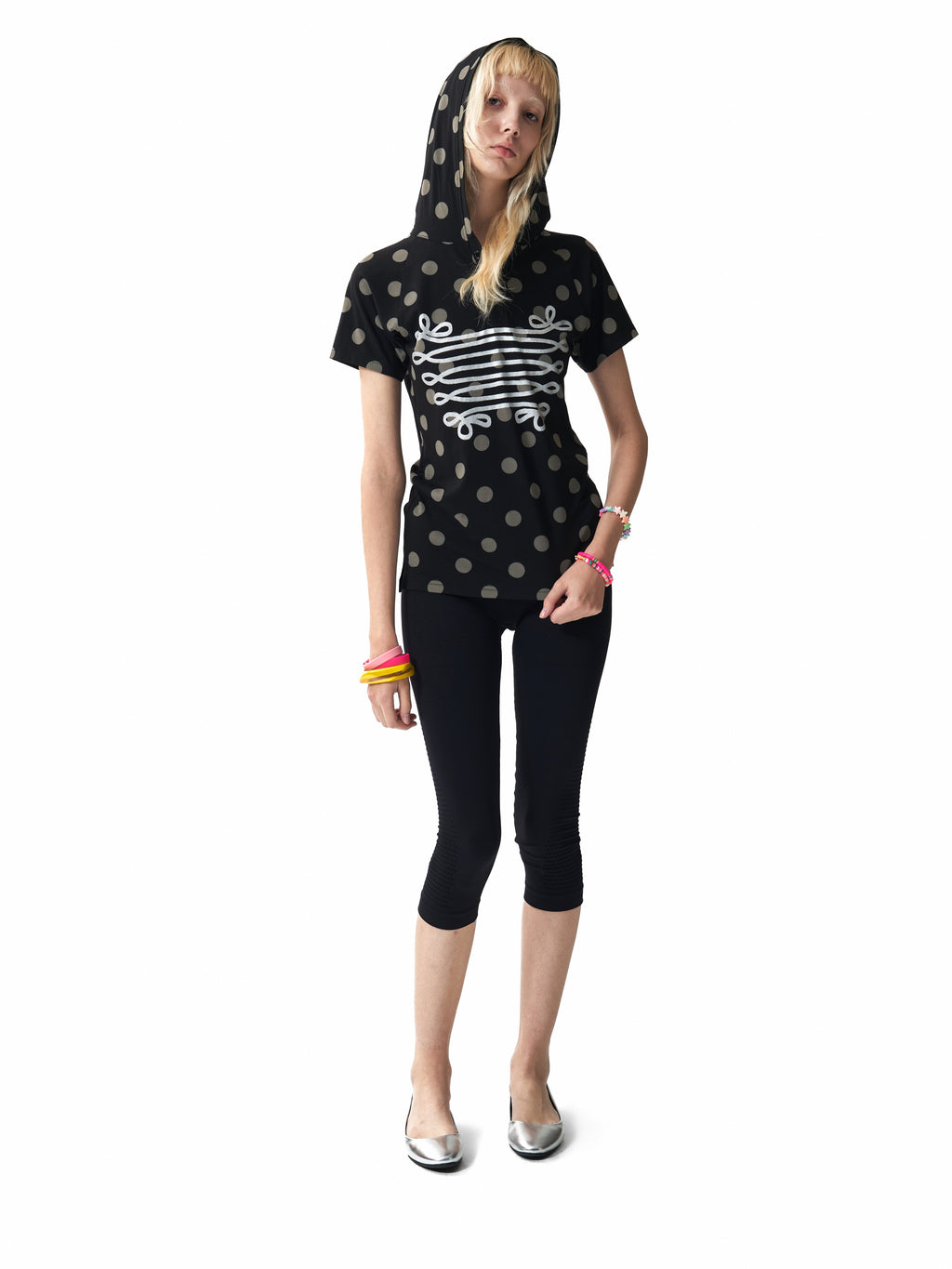 NUMBASIA Metallic Baroque Polka Dot Hooded Henley T-Shirt — studio model view 1