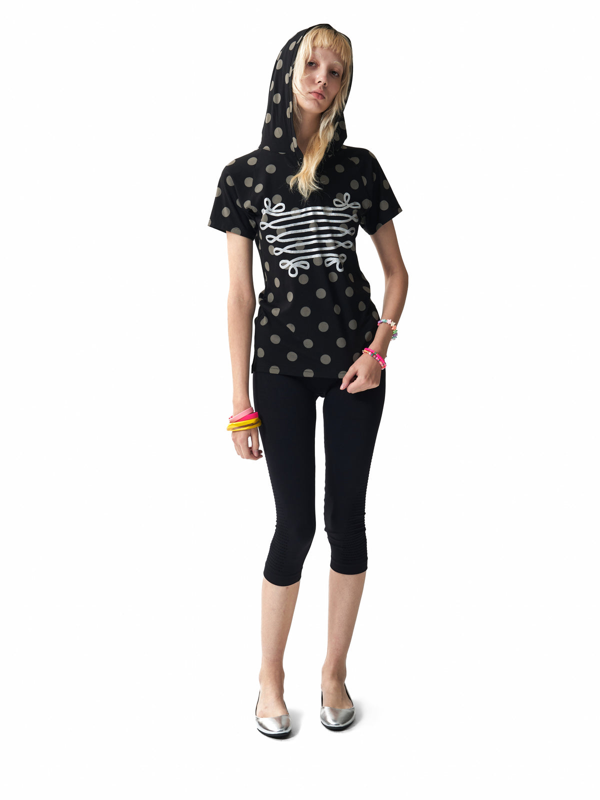 NUMBASIA Metallic Baroque Polka Dot Hooded Henley T-Shirt — studio model view 1