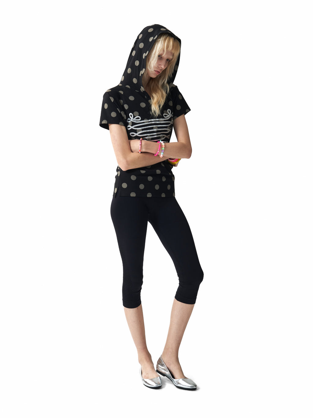 NUMBASIA Metallic Baroque Polka Dot Hooded Henley T-Shirt — studio model view 2