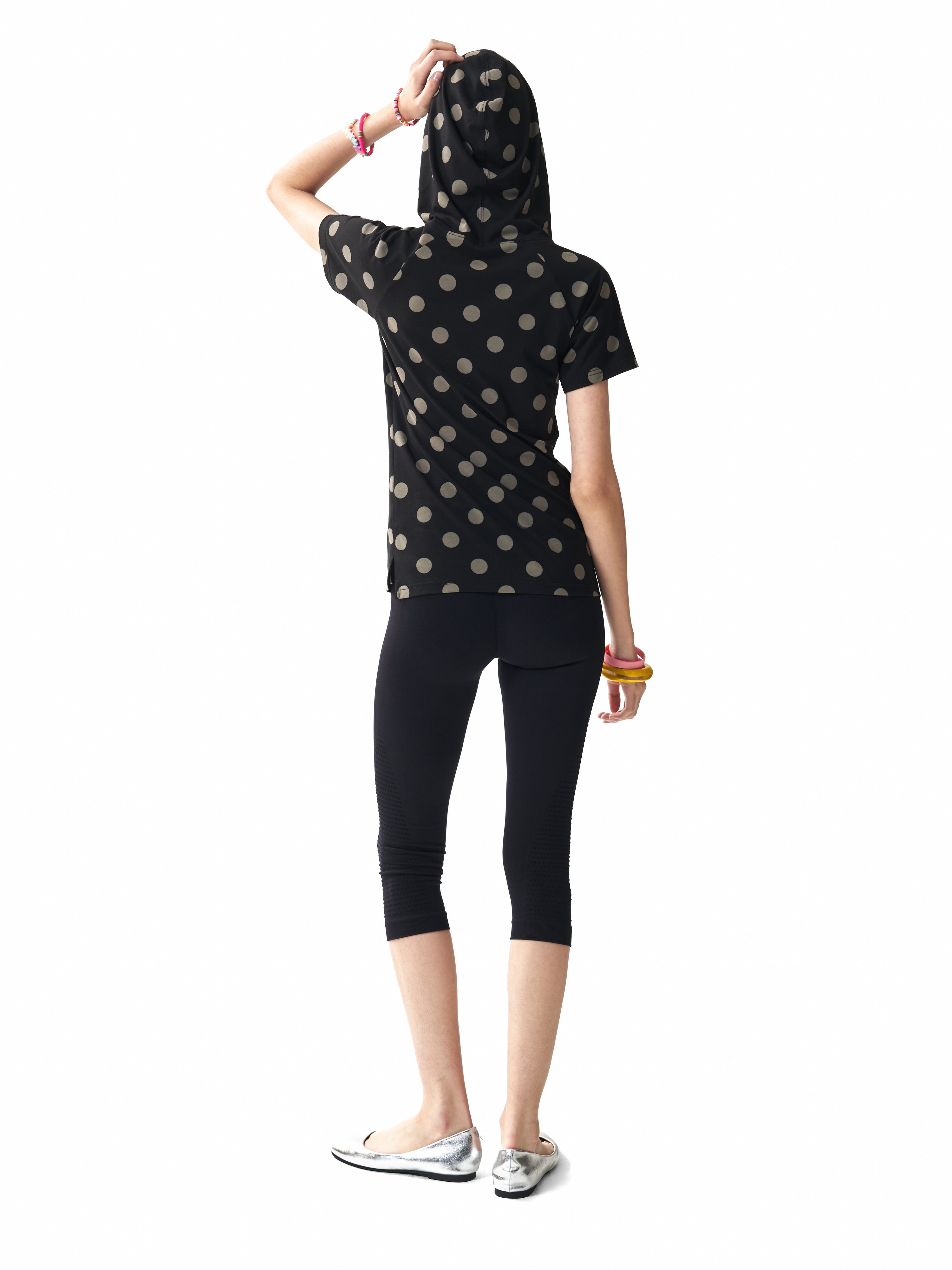 NUMBASIA Metallic Baroque Polka Dot Hooded Henley T-Shirt — studio model view 3