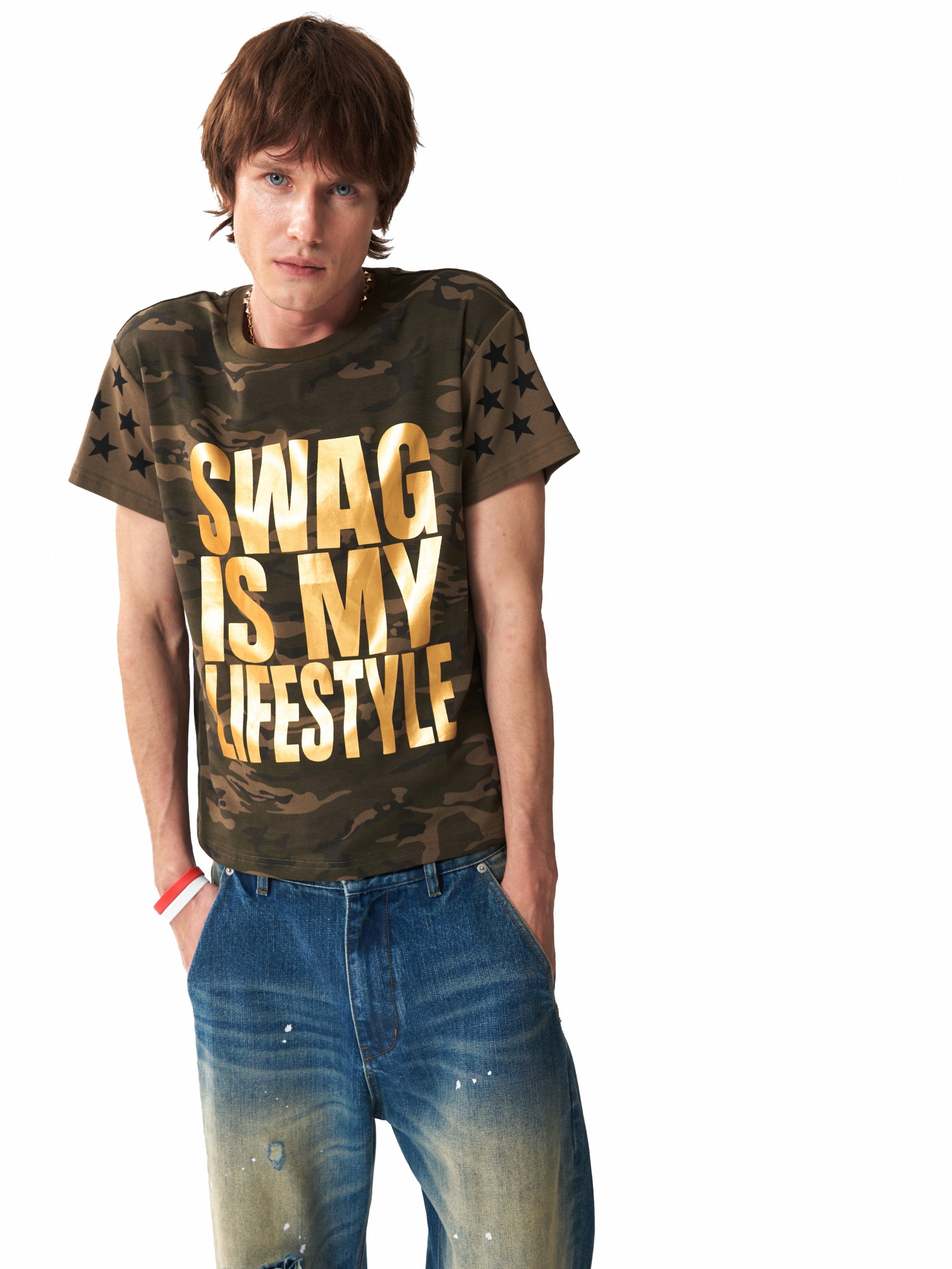 NUMBASIA SWAG LIFESTYLE Metallic Camo Star T-Shirt — studio model view 4