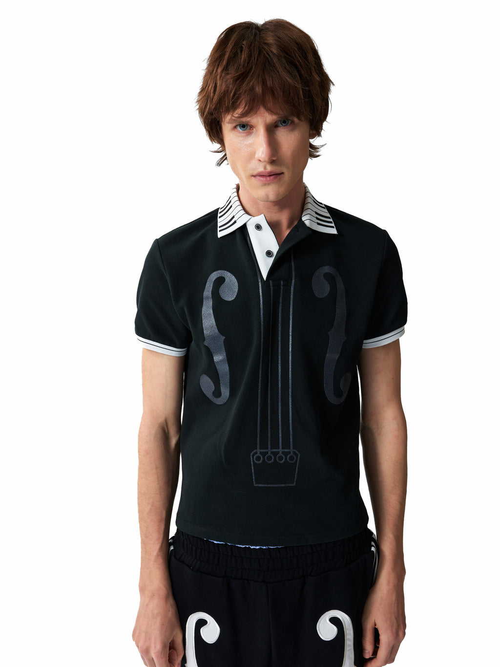 NUMBASIA Piano Collar Music Note Glitter Polo — studio model view 2