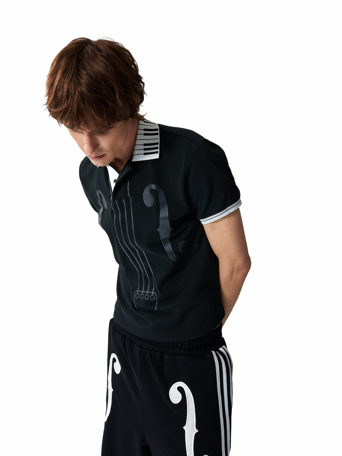 NUMBASIA Piano Collar Music Note Glitter Polo — studio model view 3
