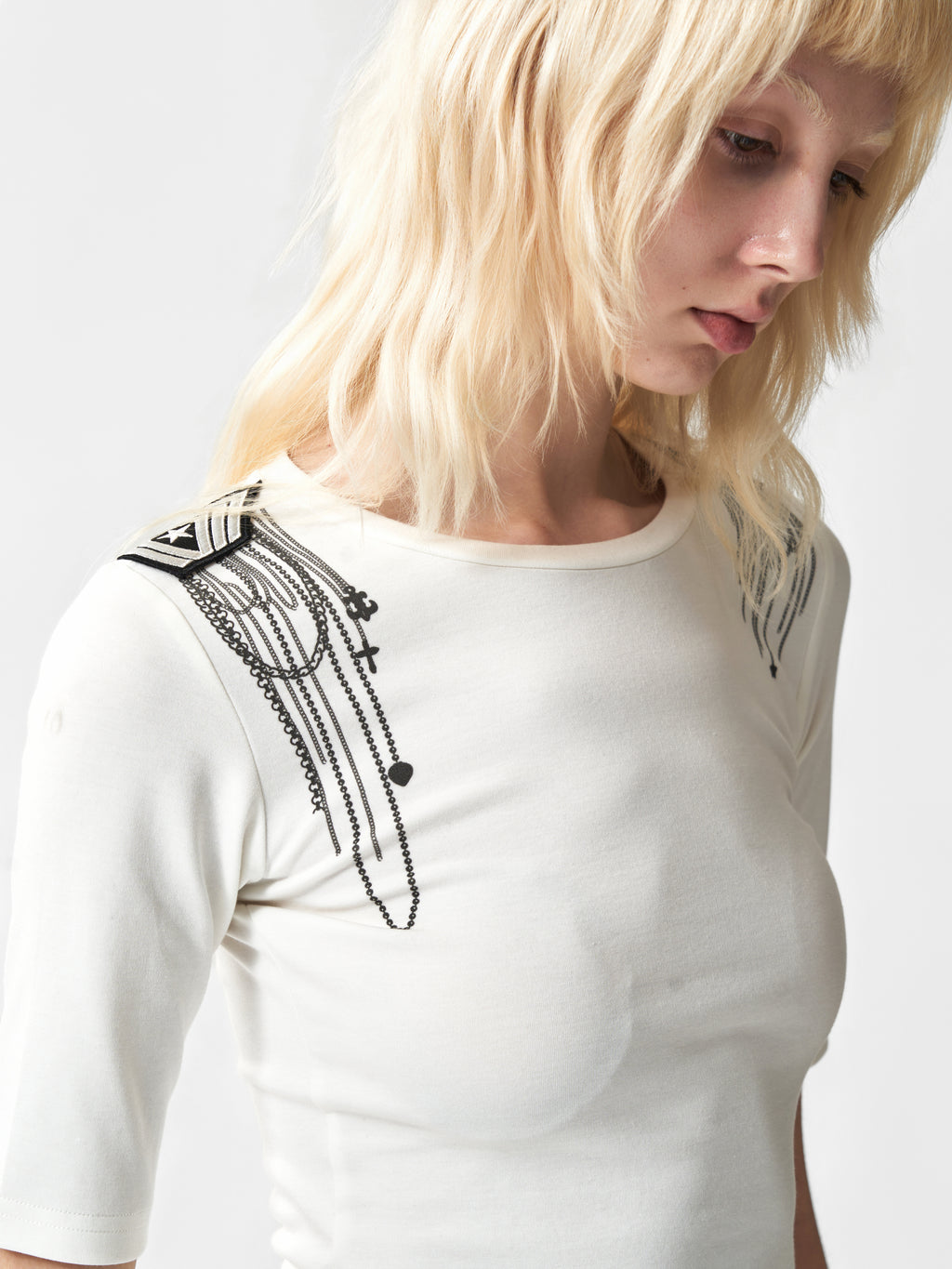 NUMBASIA Chain and Cross Graphic Fitted T-Shirt — studio model view 4