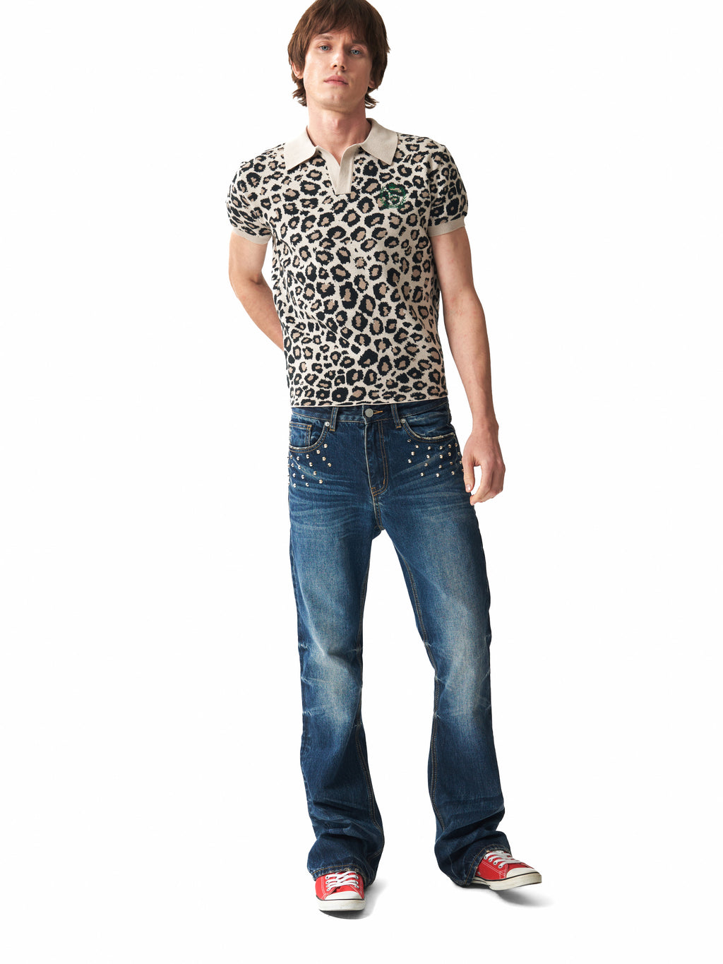NUMBASIA PARTYBOY Leopard Jacquard Knit Polo — studio model view 1