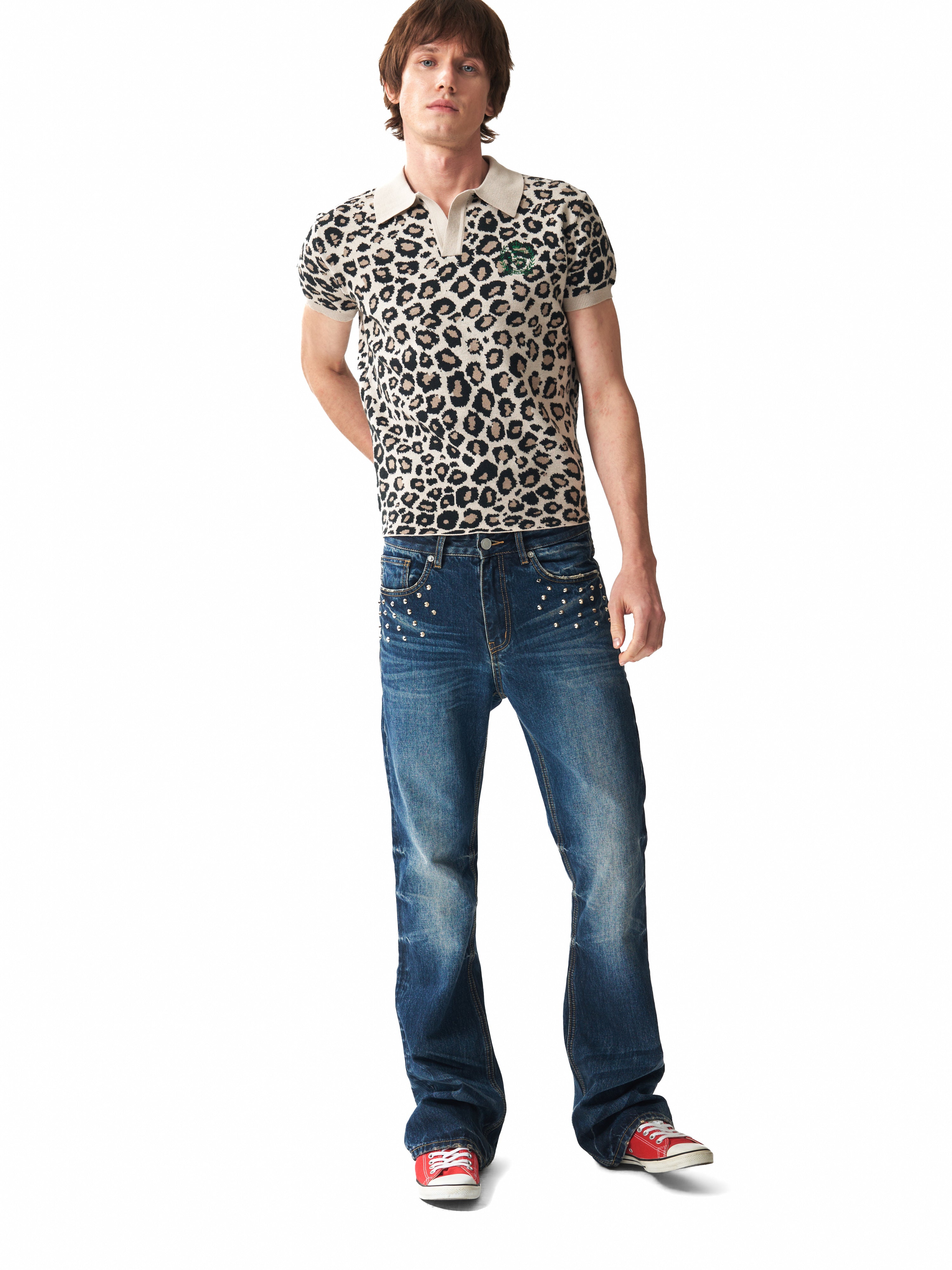 NUMBASIA PARTYBOY Leopard Jacquard Knit Polo — studio model view 1