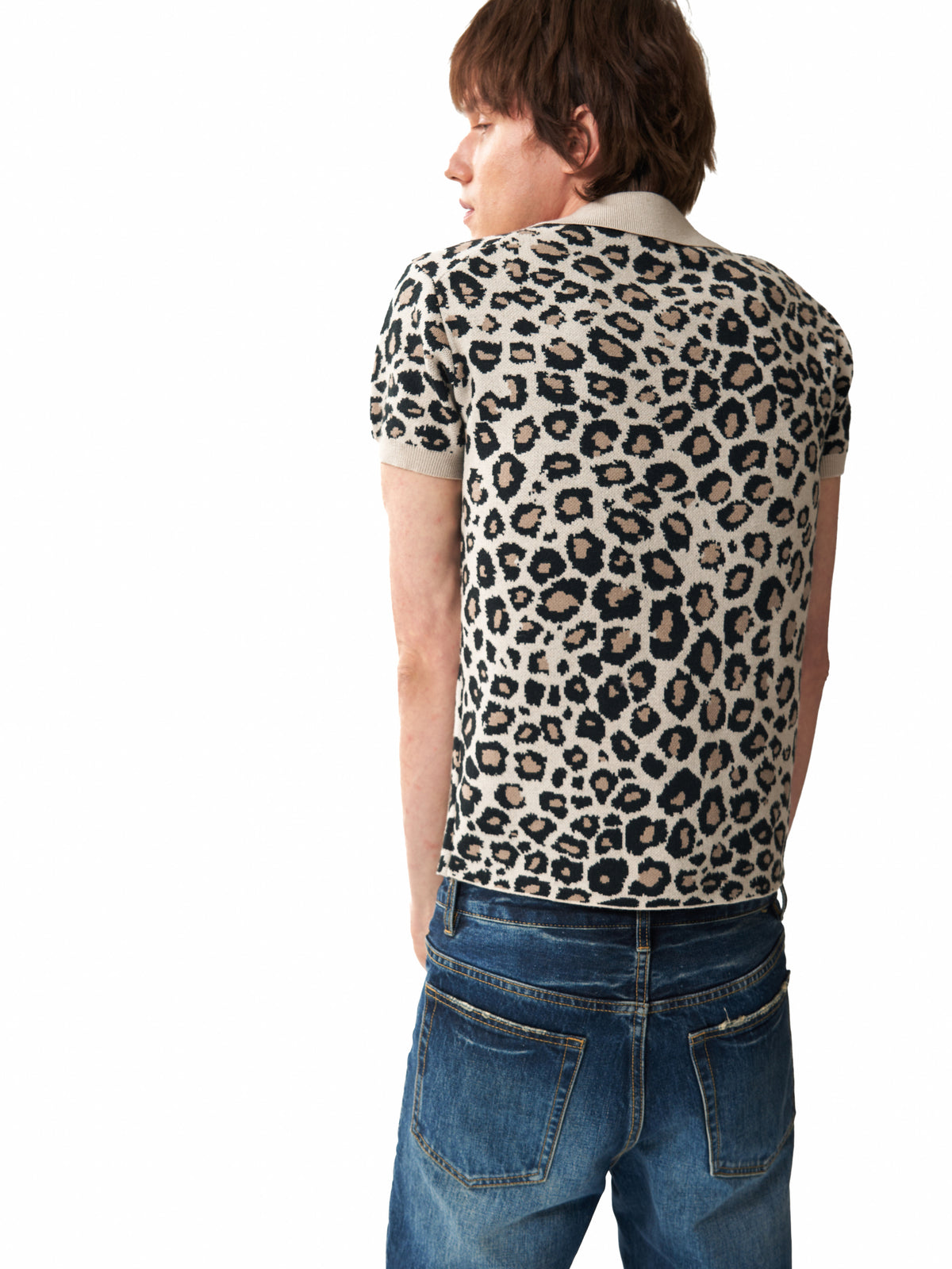 NUMBASIA PARTYBOY Leopard Jacquard Knit Polo — studio model view 5