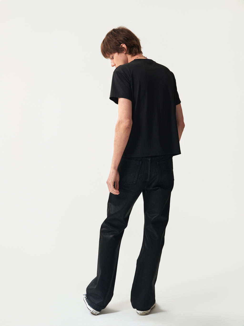 NUMBASIA Wax-Coated 13oz Slim Flared Jeans — studio model view 5