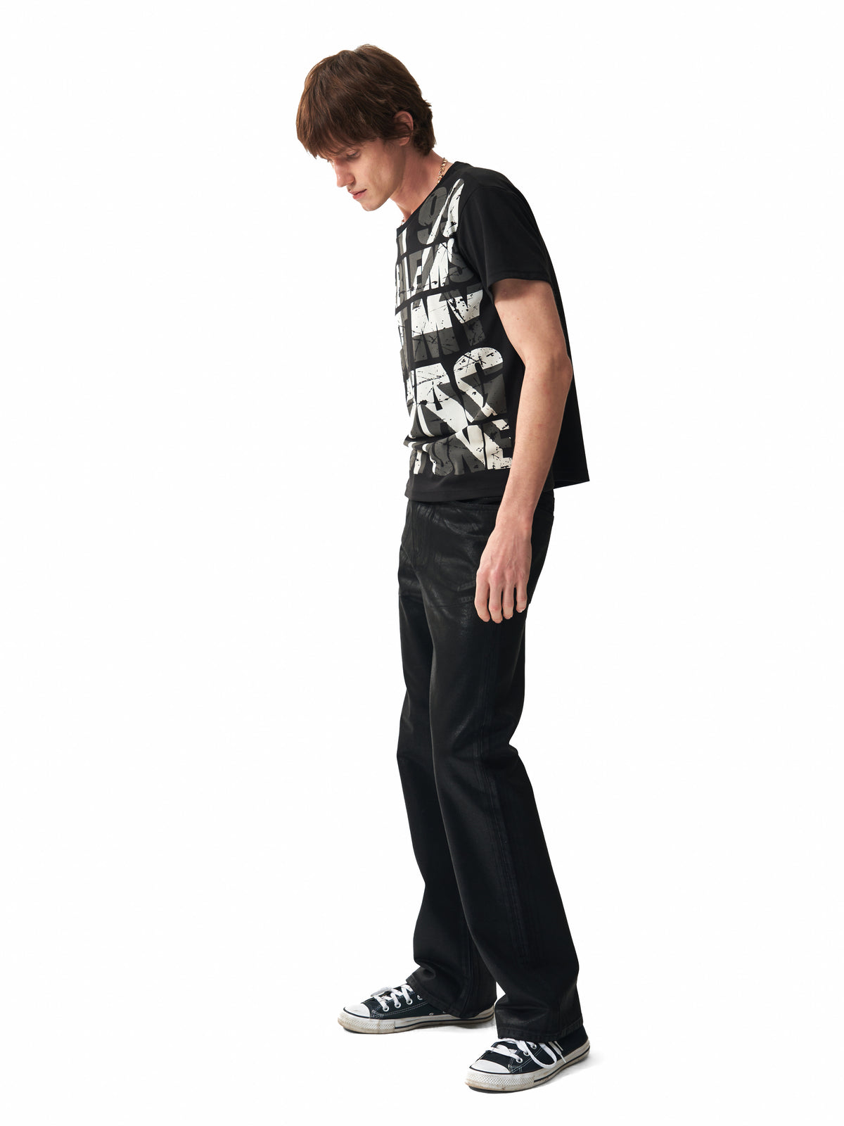 NUMBASIA Wax-Coated 13oz Slim Flared Jeans — studio model view 4