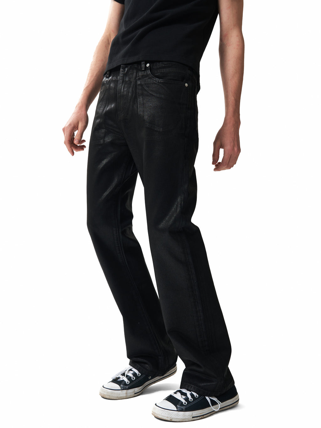 NUMBASIA Wax-Coated 13oz Slim Flared Jeans — studio model view 1