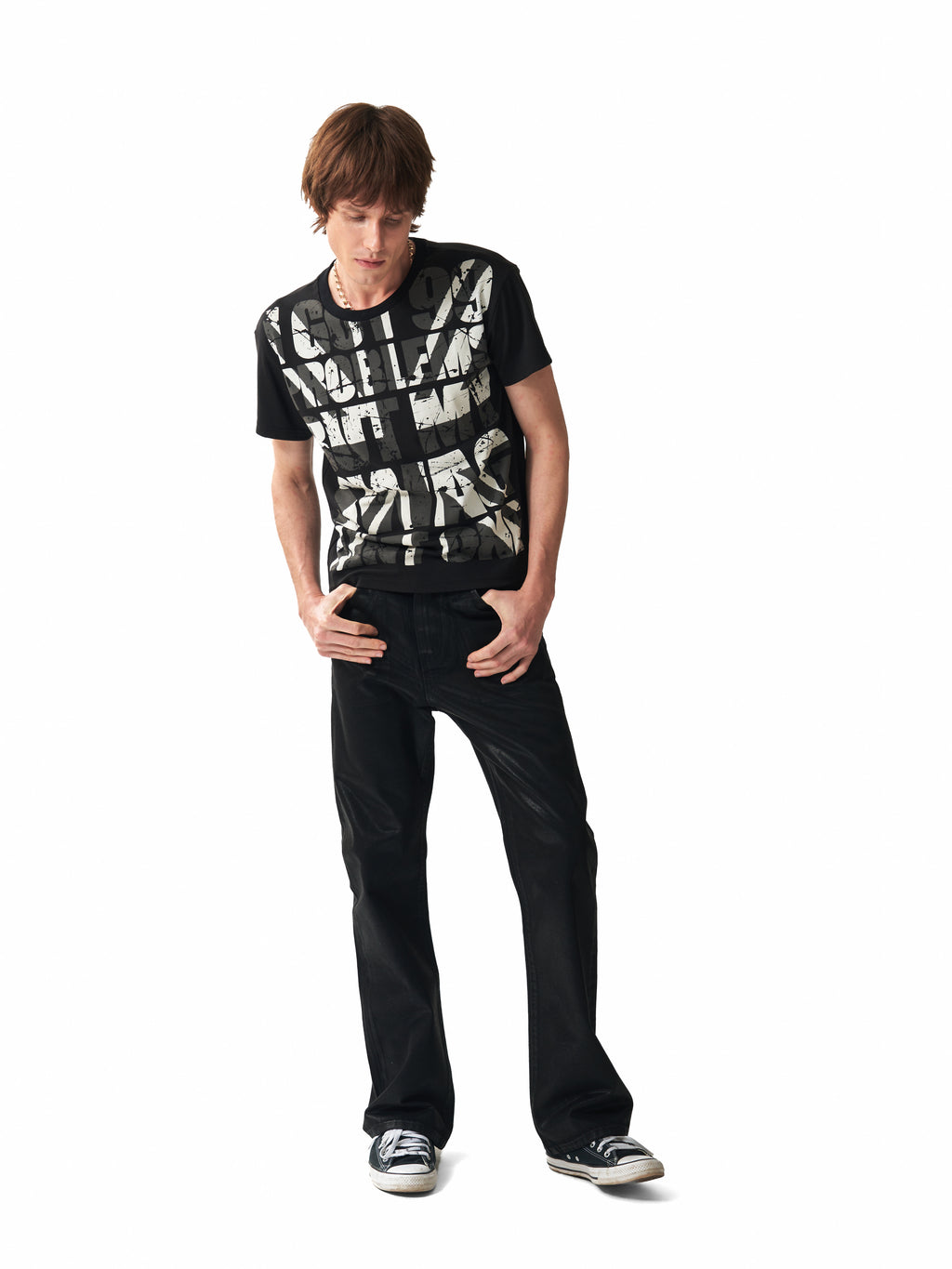 NUMBASIA Wax-Coated 13oz Slim Flared Jeans — studio model view 3